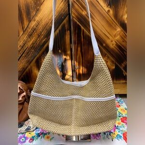 Stylish Tan and White Raffia Shoulder Bag